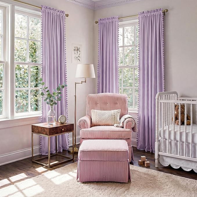 NICETOWN Lilac Purple Velvet Curtains 96 Inch Length – Pom Pom Room Darkening