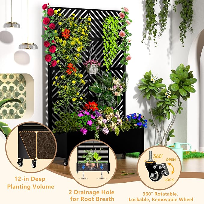 MTART Metal Planter Box with Trellis, 72.1"x47.2"x16" Outdoor Galvanized Raised