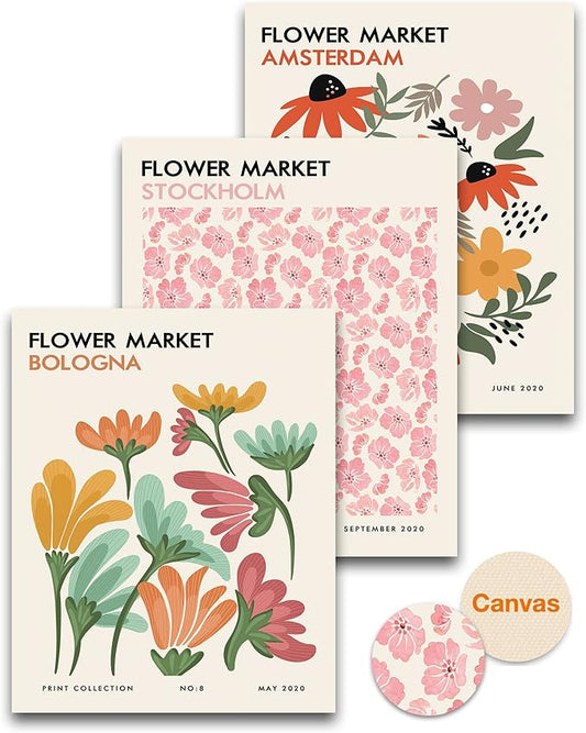 HesenDot Unframed Floral Wall Art Set of 3, 12x16in Flower Market Canvas Prints