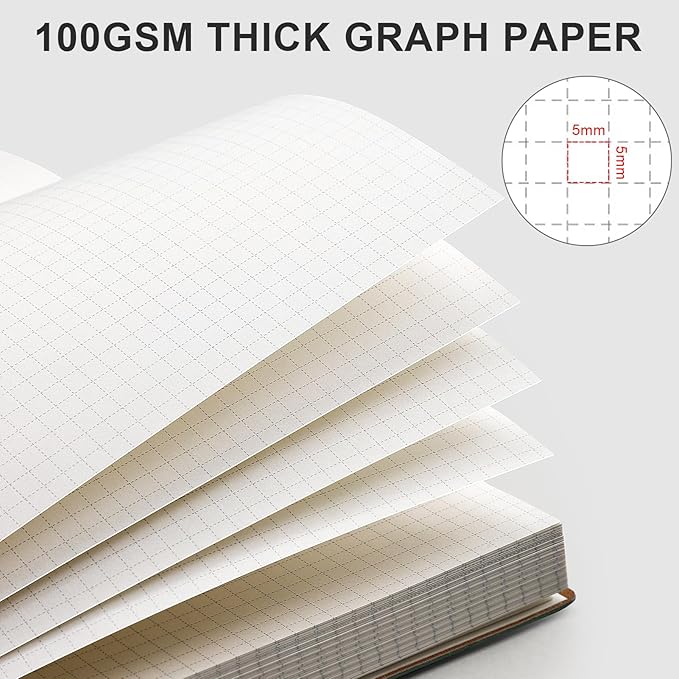 AHGXG Graph Paper Notebook - Grid Paper Notebook Large A4 8.5''×11'', 320 Pages Thick Journal, 100gsm Thick Graph Paper, Leather Softcover, Inner Pocket - Black
