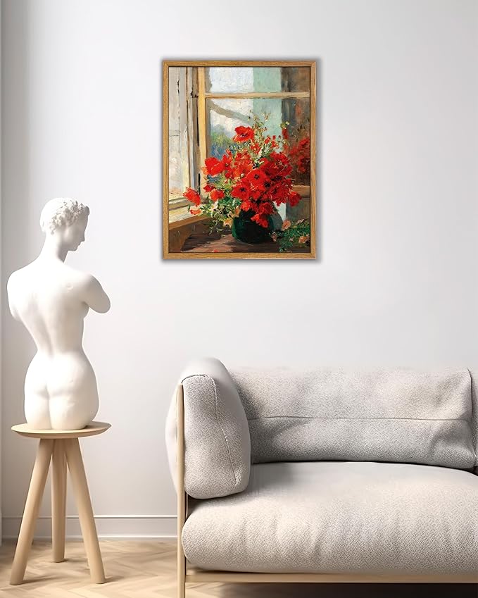 UPWOIGH 8x10 in Framed Wall Art, Red Poppies by the Window Oil Painting Canvas, Vintage Farmhouse Rustic Decor, Red Flowers Print, Antique Wall Decor for Living Room Bedroom, 1 Pack Gift