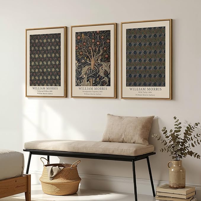 Framed Vintage William Morris Canvas Wall Art Set of 3, Nature Rustic Botanical