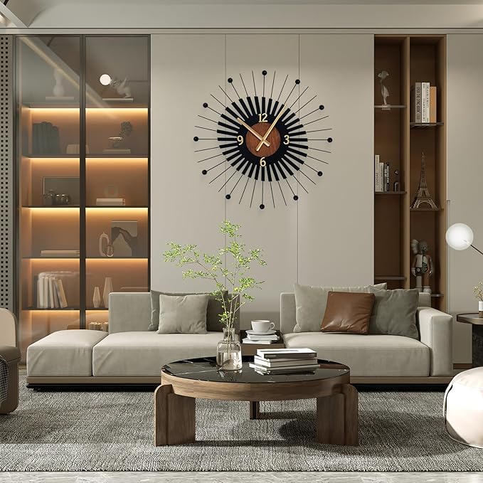 22 Inch Modern Sunburst Wall Clock Battery Operated, Silent Quartz Movement