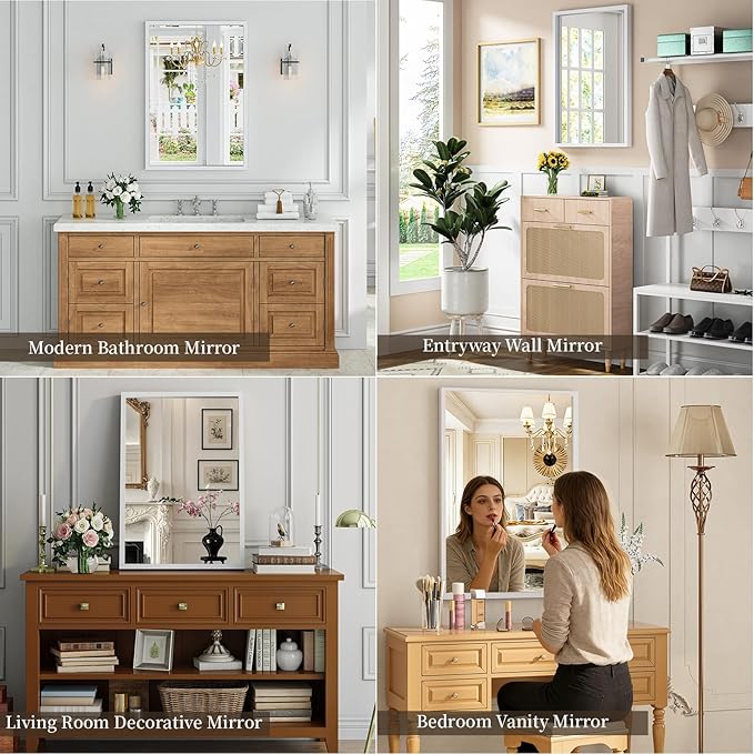 Syndra White Wood Frame Bathroom Mirror, Waterproof Slim Deep Frame,