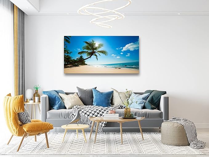 Muolunna ARX0650 Large Canvas Wall Art Summer Ocean Waves Prints Coconut Trees Beach Seascape Painting Hawaii Sea Nature Pictures Stretched and Framed for Living Room Home Office Wall Decor Artwork