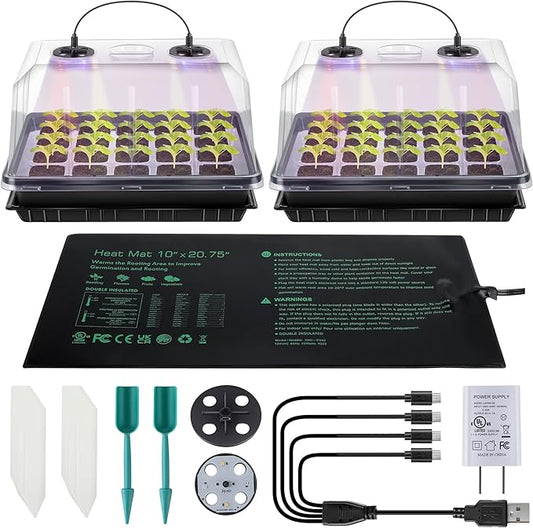 2 Sets 40 Cell Seed Starter Tray with Grow Lights and Heat Mat, Seed Starter Kit with 5.9â Humidity Dome and Vents, Indoor Plant Germination Trays, Seedling Startering Trays for Faster Germination