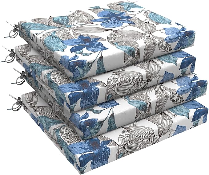 LVTXIII Outdoor Chair Cushions 18.5"x16"x2" Pack of 4, Water-Repellent Square Corner Memory Foam Seat Cushions with Ties for Garden Patio Furniture, Clemens Noir Blue