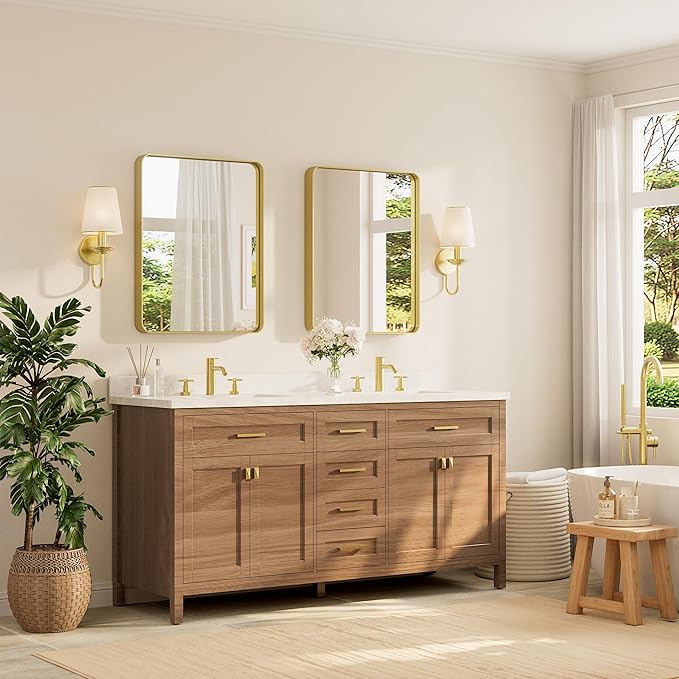 TETOTE Brushed Gold Bathroom Mirror, 24 x 30 Inch Metal Framed Mirror, Brushed