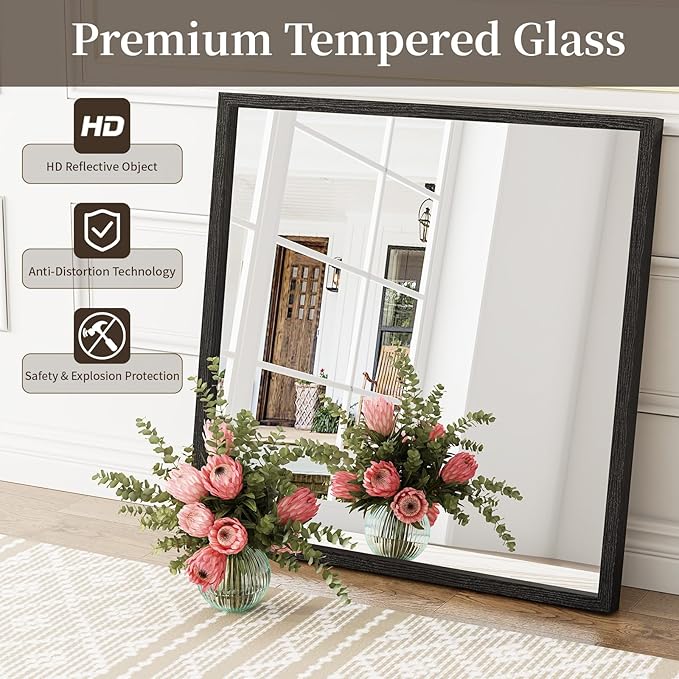 Syndra Square Black Wood Frame Bathroom Mirror, Waterproof Slim Deep Frame