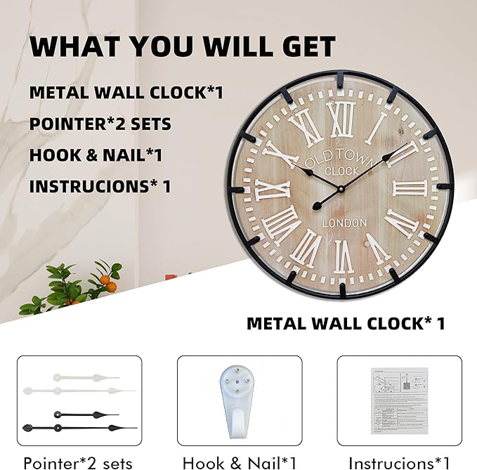 Large Farmhouse Rustic Wooden Wall Clock