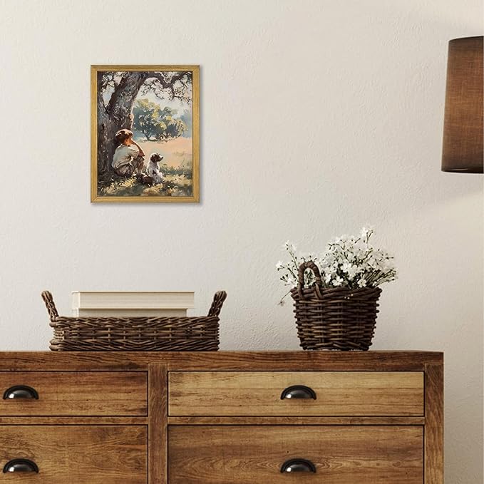Wood Framed Canvas Wall Art, Vintage Boy and Dog Painting Poster, Countryside