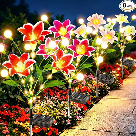 WdtPro Upgraded Solar Garden Lights Outdoor: 8 Pack 2-in-1 Solar Firefly Swaying Light with Lily Flower and Glowing Stem, Waterproof Garden Decor for Yard Patio Pathway Lawn, Gardening Gifts for Women