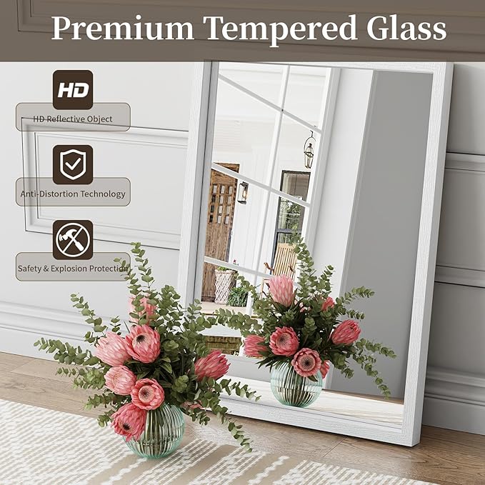 Syndra White Wood Frame Bathroom Mirror, Waterproof Slim Deep Frame,