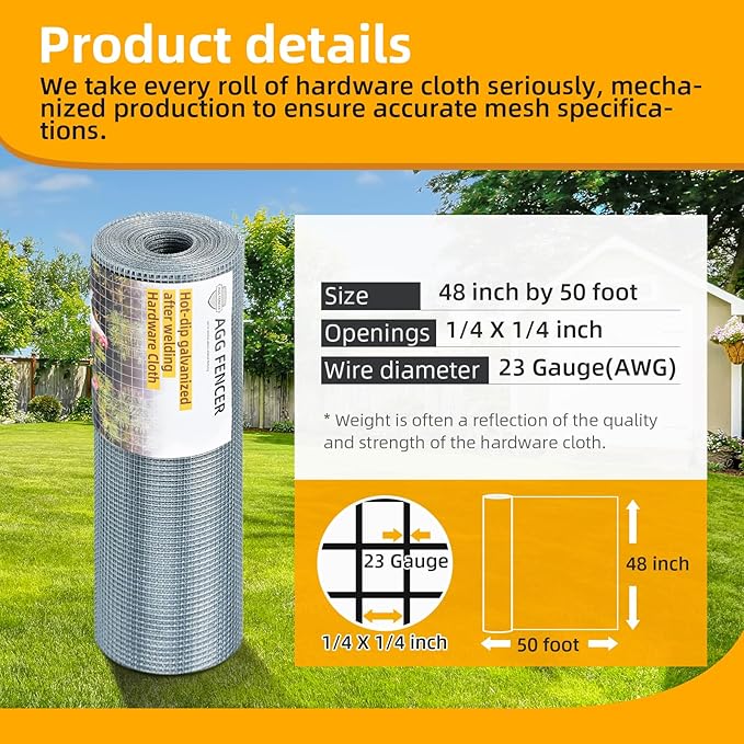 48inch x 50ft Hardware Cloth 1/4 inch Chicken Wire Fencing 23Ga, Hot Dipped Galvanized After Welding Garden Plant Supports Welded Metal Chicken Wire Fence, Poultry Animal Netting Cage Screen