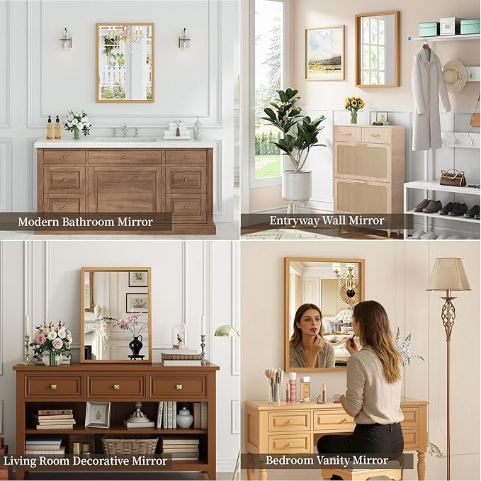 Syndra Natural Wood Frame Bathroom Mirror, 22x30'' Modern Vanity Mirror