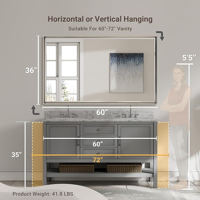 60 x 36 Brushed Nickel Bathroom Mirror, Beveled Framed Rectangle