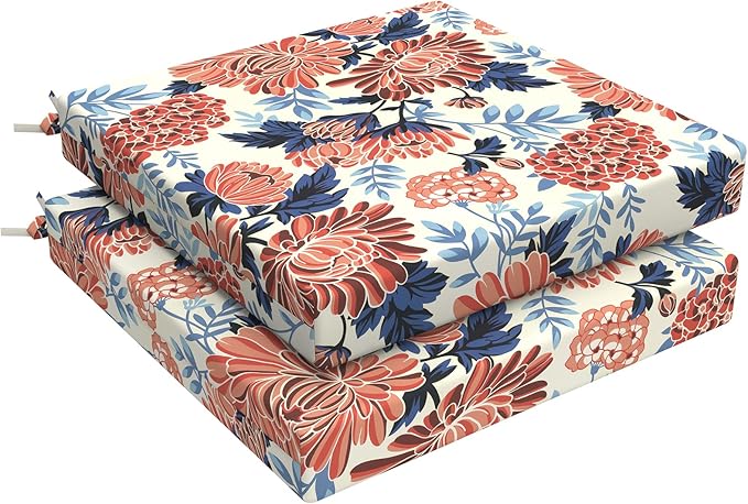 LVTXIII Outdoor Chair Cushions, Water Repellent Patio Furniture Cushions Outdoor Chair Pads with Ties for Dining Chairs and Garden Furniture, 22"x22"x3" Set of 2, Red Chrysanthemum