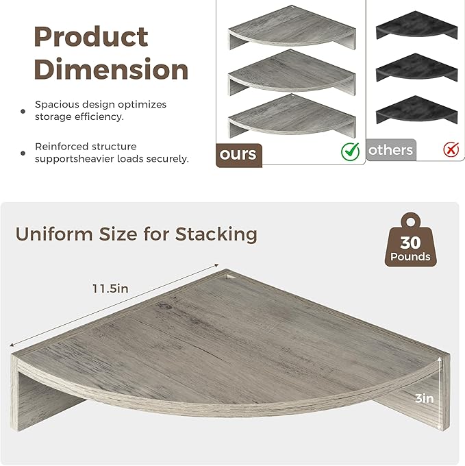 Corner Shelves 3-Pack for Bathroom & Kitchen, Space-Saving Floating Corner Wall