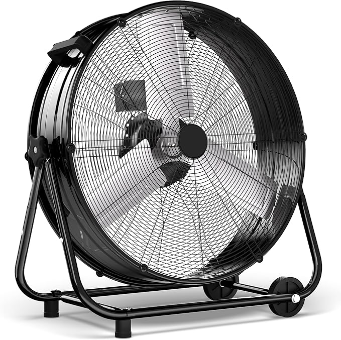 Uthfy 24 Inch Heavy Duty Industrial Drum Fan, 320W High Velocity Floor Fan with 3 Speeds, 360Â° Tilt Metal Garage Fan for Warehouse, Commercial, Workshop, Factory and Basement, Black