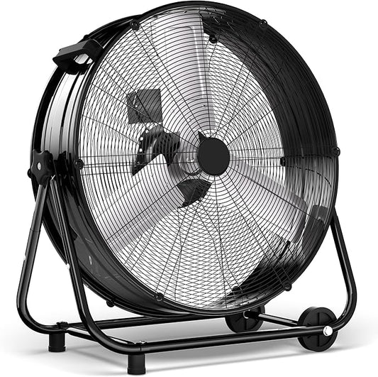 Uthfy 24 Inch Heavy Duty Industrial Drum Fan, 320W High Velocity Floor Fan with 3 Speeds, 360Â° Tilt Metal Garage Fan for Warehouse, Commercial, Workshop, Factory and Basement, Black