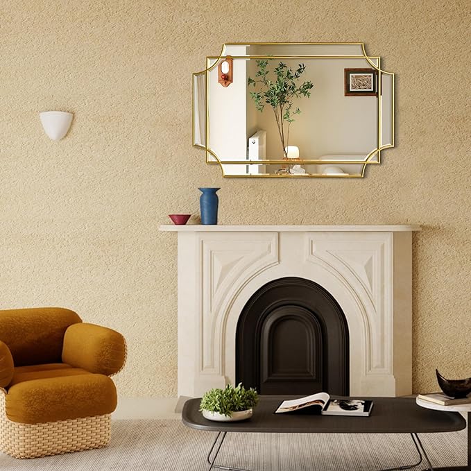 HQiJun Gold Mirror for Wall, 36x24 Gold Wood Framed, Scalloped Beveled Polished