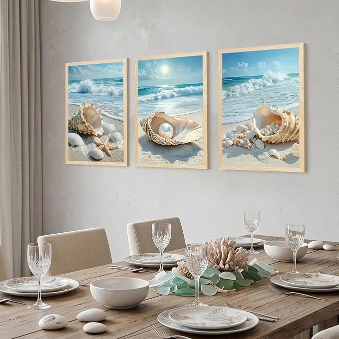 SYWENNOI 3 Piece Wood Framed Beach Wall Art, Sandy Shore, Pearl in Shell