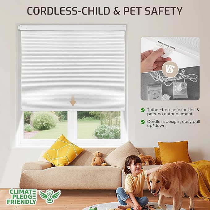 Grandekor No Drill No Tools Cordless Cellular Shades, UV Protection Privacy No
