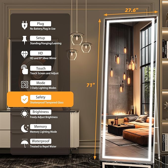 Hasipu Full Length Mirror with Lights, Full Body Dressing Hanging Mounted Mirror
