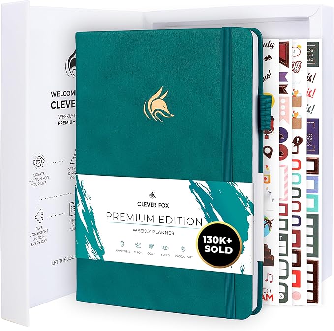 Clever Fox Planner Premium Edition – Undated Luxurious Weekly & Monthly Planner to Increase Productivity and Hit Your Goals – Organizer – Start Anytime, A5, Lasts 1 Year, Dark Teal (Weekly)