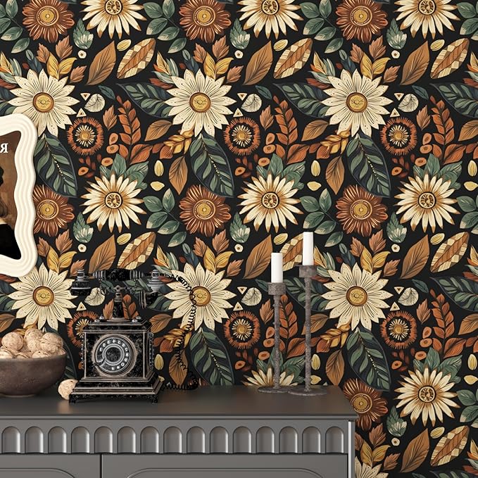 Vintage Boho Wallpaper Peel and Stick, Retro Flower Botanical Wall Paper Self