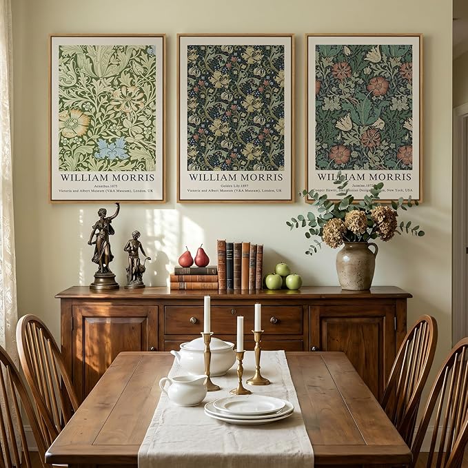Large Framed William Morris Green Wall Art Set of 3, Vintage Floral Canvas