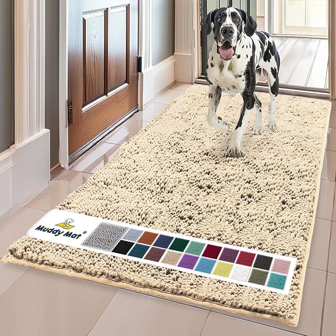 Muddy MatÂ® | Super Water Absorbent Door Mat Indoor, Microfiber Quick Dry Chenille Entryway Rug, Slip Resistant Front Door Mat, Indoor Mats for Entryway, Machine Washable Pet Rug, Beige 36"x72"
