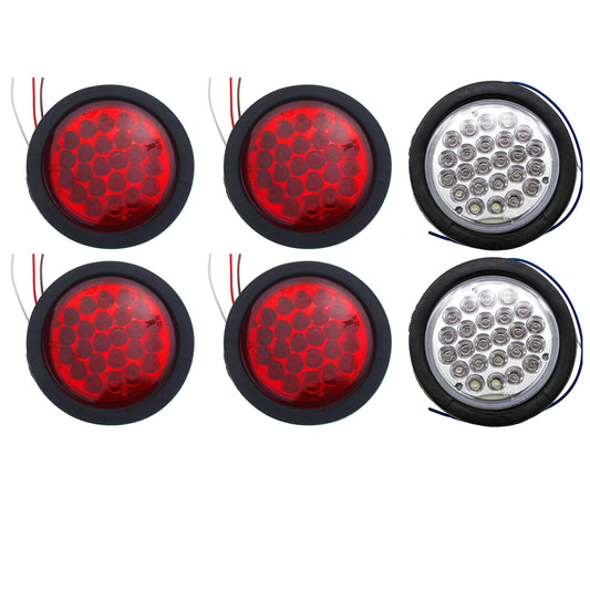 All Star Truck Parts 4in Round LED Trailer Tail Light, IP67 Waterproof, DOT Certified, 24 LED, 4 Red + 2 White, Polycarbonate