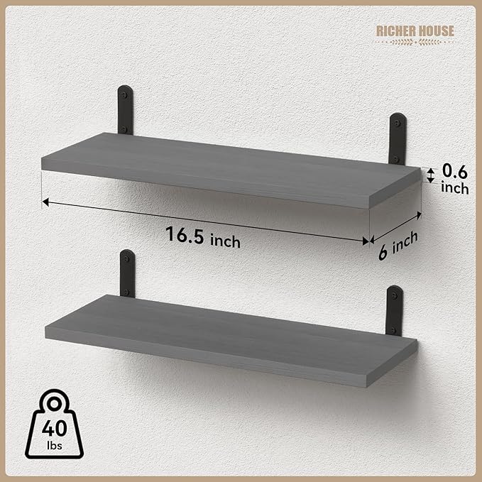 RICHER HOUSE Rustic Wood Bathroom Shelves Set of 2, Farmhouse Style Floating