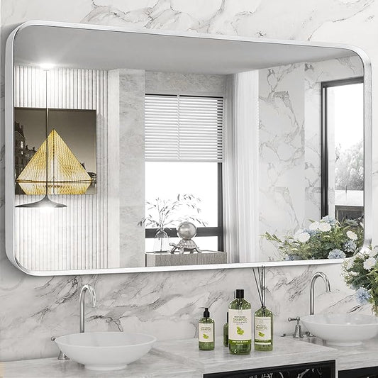 Brushed Nickel Bathroom Wall Mirror, Tempered Glass, Shatter Proof, Hangs