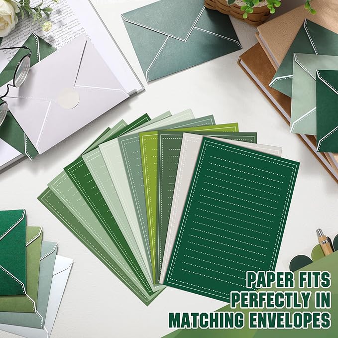 TaoBary 160 Packs Stationery Paper Set (50 Double Sided Stationery Writing Papers 50 Matching Envelopes) 60 Round Dot Sticker, 10 Design (5.5 x 8.25 Inch,Sage Green Color)