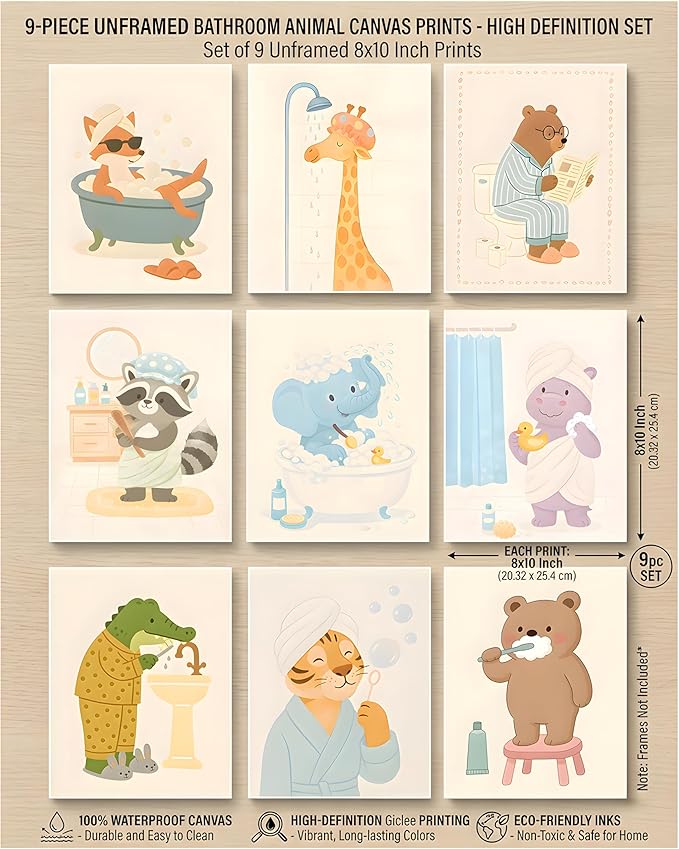 tgguytiy Kids Bathroom Wall Art Set of 9 Cute Animal Bathroom Decor