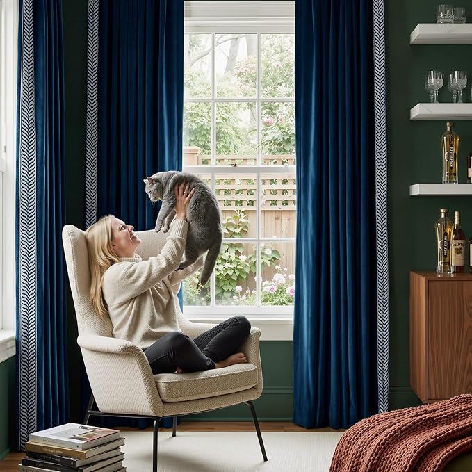 NICETOWN Rod Pocket Embroidered Trim Velvet Curtains, 2 Panels, Elegant Window