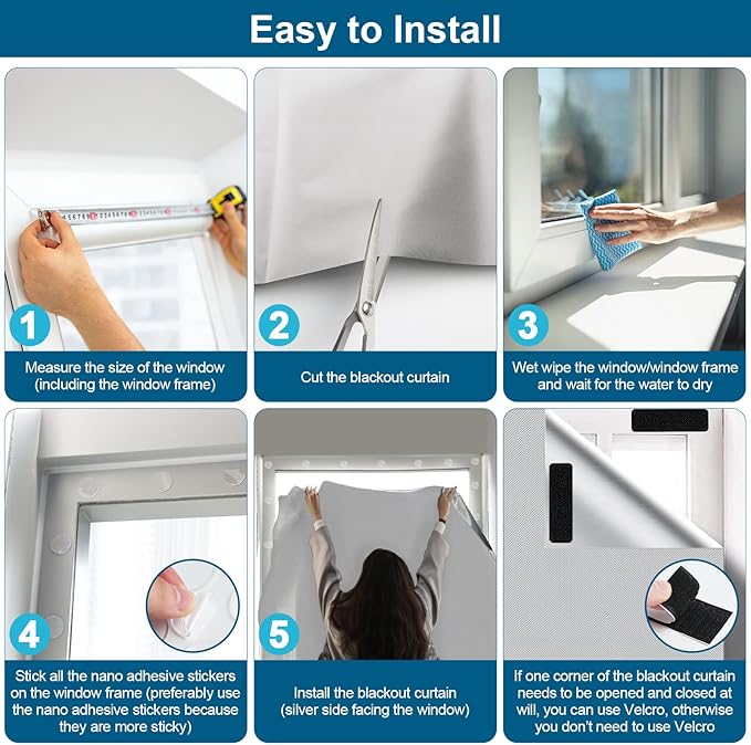 100% Blackout Curtains for Bedroom, Portable DIY Window Blinds, No Drill Window