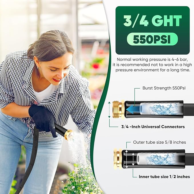 Garden Hose 50 ft, Non-Expanding Water Hose, Flexible Ultra-Light, Anti-Kink, Wear-Resistant, Easy Storage, Hose with 3/4 for Outdoor, Garden, Yard and Lawn
