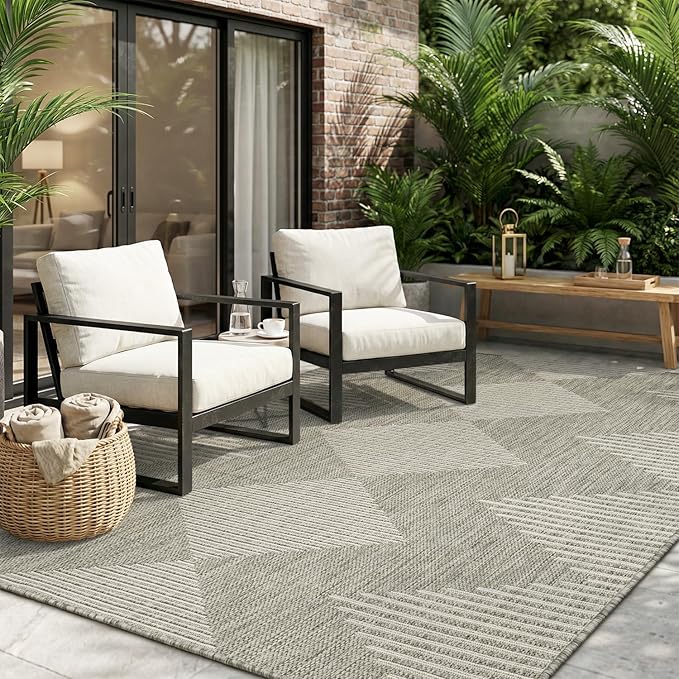 MontVoo-Outdoor Rug Carpet Patio Rug 4x6 ft Polypropylene Indoor Outdoor Rugs for Patio Deck Balcony Porch, Textured Weave, Durable for High Traffic, Fade-Resistant, Boho Geometric Silver Grey