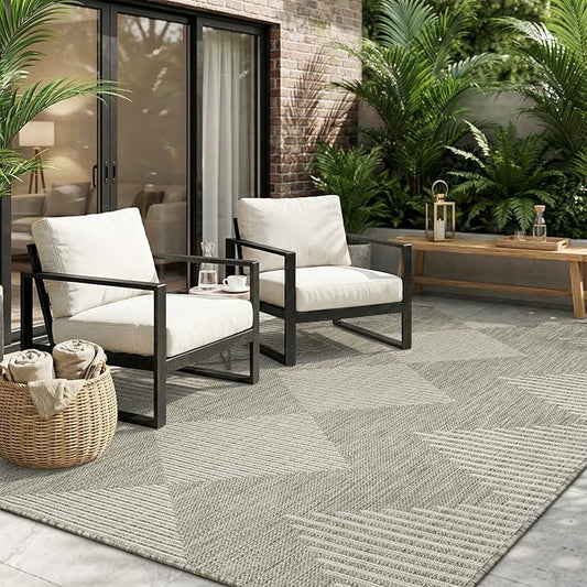 MontVoo-Outdoor Rug Carpet Patio Rug 4x6 ft Polypropylene Indoor Outdoor Rugs for Patio Deck Balcony Porch, Textured Weave, Durable for High Traffic, Fade-Resistant, Boho Geometric Silver Grey