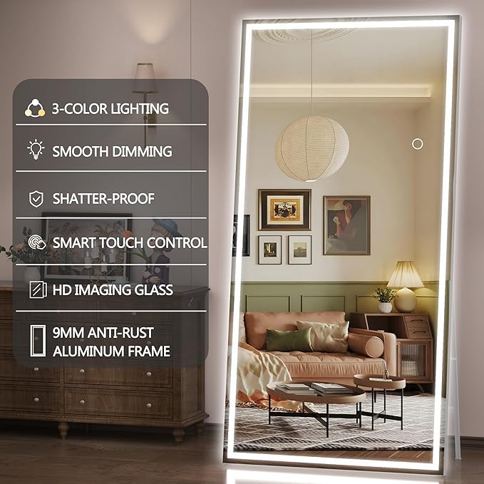 Hasipu Full Length Mirror with Lights, Full Body Dressing Hanging Mounted Mirror