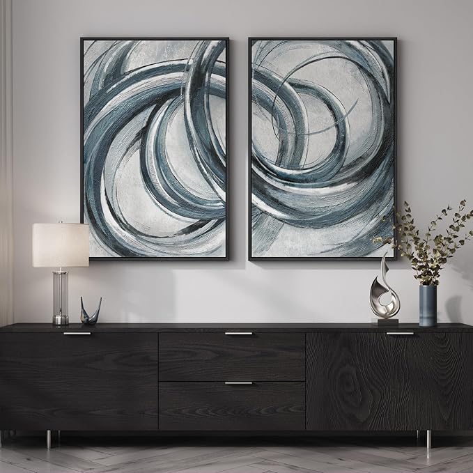 Framed Blue Gray Abstract Wall Art Set of 2, Modern Circle Line Canvas Artwork