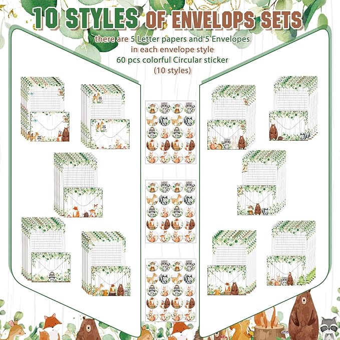TaoBary 160 Pcs Stationery Paper Set 50 Double Sided Stationery Papers with 50 Matching Envelopes and 60 Round Dot Sticker, 10 Design(Land Animal,5.5 x 8.25 Inch)