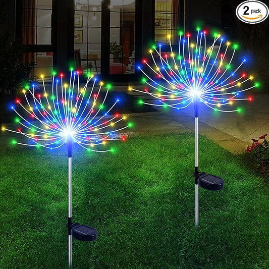 Slyuexu Solar Garden Lights Outdoor Waterproof, 2 Pack 120 LED Solar Firework Lights Decorative Garden DÃ©cor Outside for Flowerbed Pathway Party Christmas Decoration, Multicolor