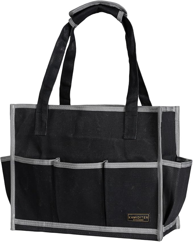 Waxed Canvas Tool Pouch,1 Large Capacity Pocket & 14 Pockets Garden Tool Storage Bag, 14.5 X 6.5 X 11 inch Muti-Purpose Tool Bag with Padded Handle | Black
