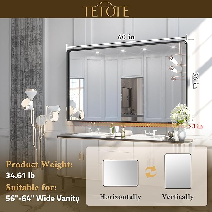 TETOTE 60 x 36 Inch Bathroom Mirror, Matte Black Metal Frame Modern Farmhouse