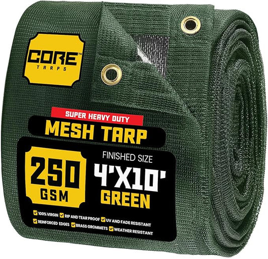 Core Tarps 60% Green Shade Cloth with Grommets - 4 X 10 FT Heavy Duty Mesh Tarp - Sun Shade Cloth for Garden Vegetables Plants Greenhouse Outdoors Backyard Fences Dump Trucks Patio Mesh Shade Tarp