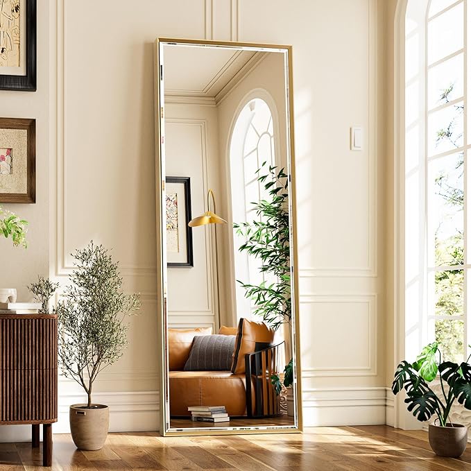 16''x 60'' Tall Brushed Gold Bathroom Mirror, Beveled Gold Frame Mirror